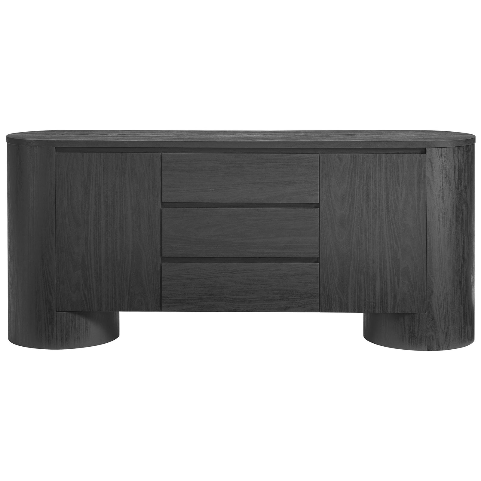 Rounded black sideboard with three center drawers and two cabinets for sleek, versatile storage || EEI-7050-BLK || front_studio
