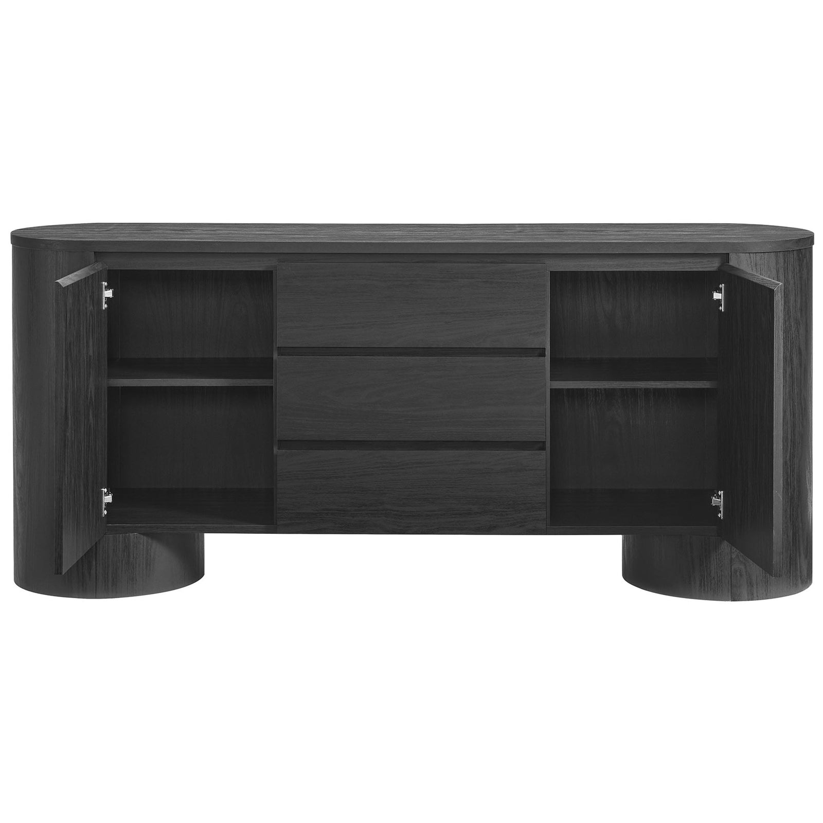 Spacious black sideboard with doors open to reveal adjustable shelving and three smooth-glide drawers || EEI-7050-BLK || front_open_studio