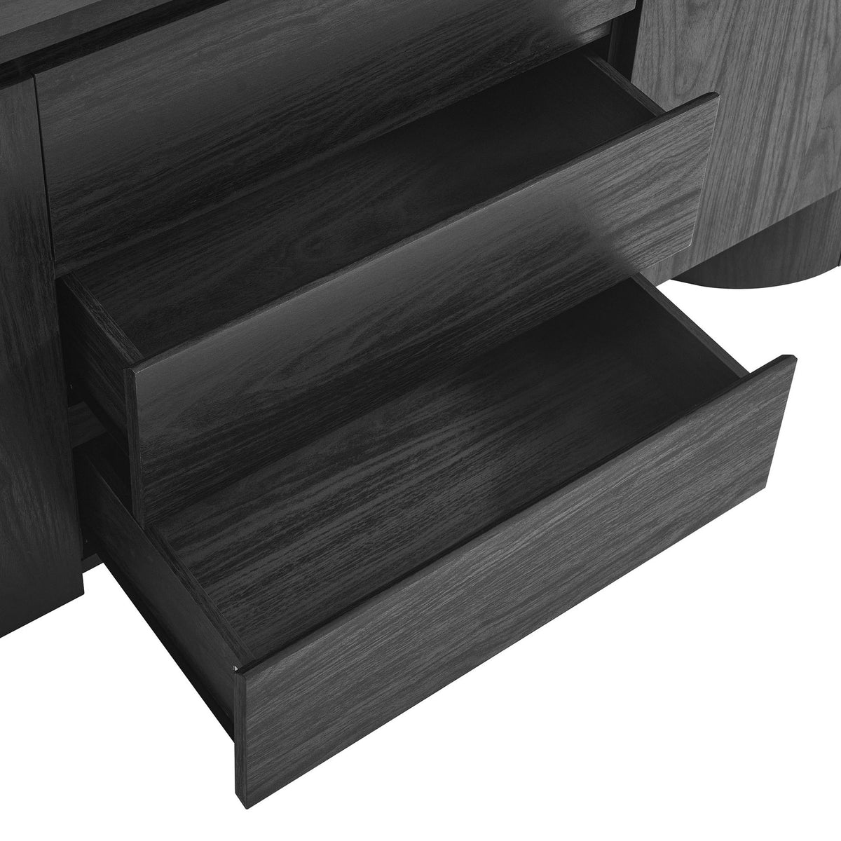 Full-extension drawers on the black sideboard offer generous storage for linens, dishes, and everyday essentials || EEI-7050-BLK || storage_open_studio