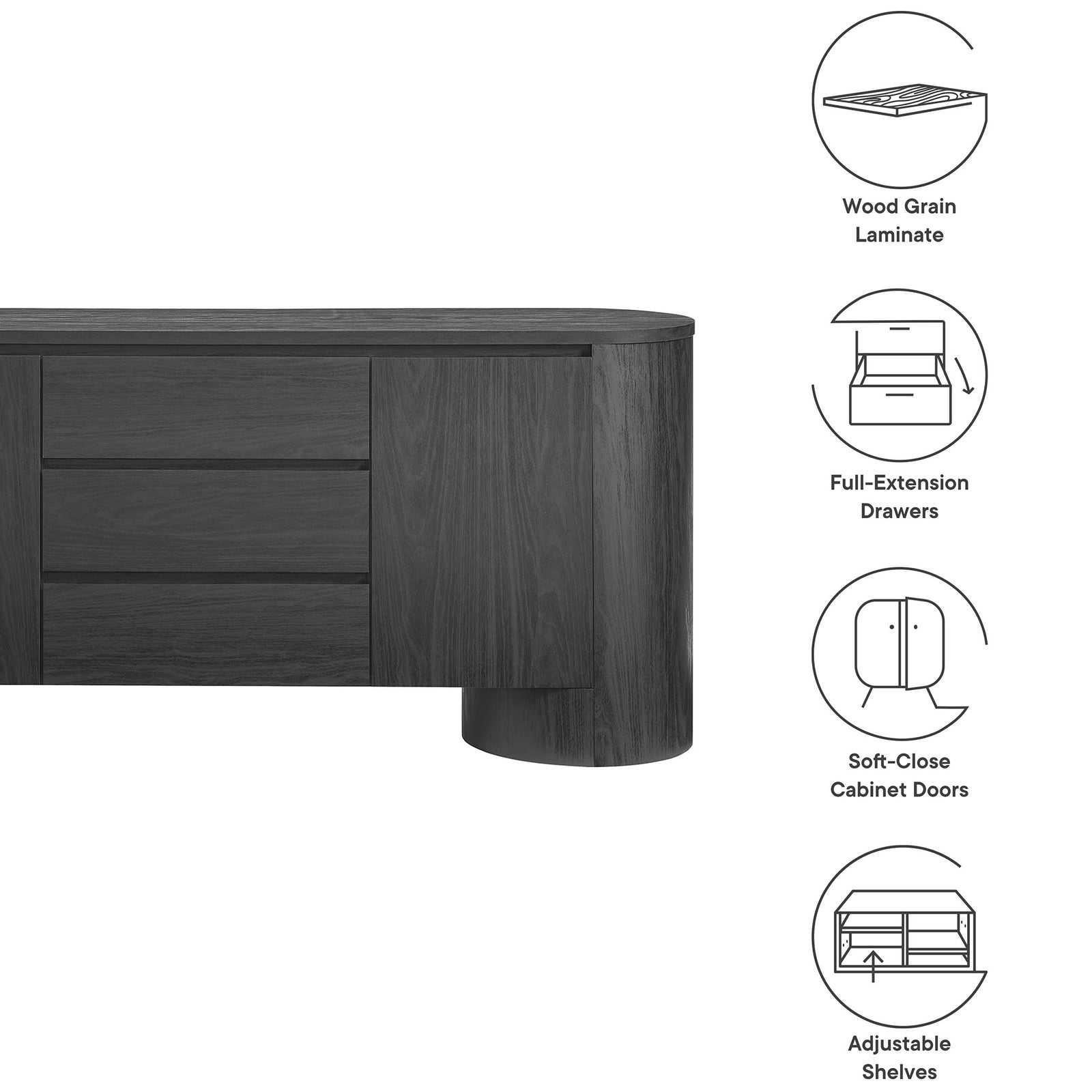 Feature graphic highlighting Duval sideboard wood grain laminate, full-extension drawers, soft-close doors, shelves || EEI-7050-BLK || callout_studio