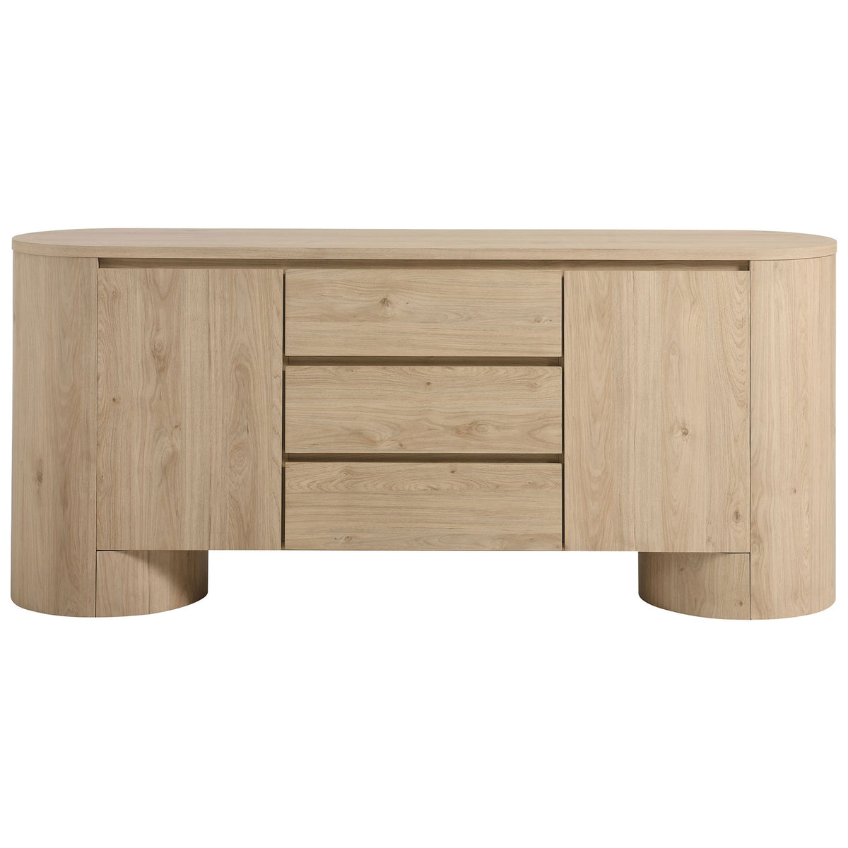 Duval sideboard featuring a three-drawer center flanked by soft-close cabinet doors in hickory finish || EEI-7050-HCK || front_studio