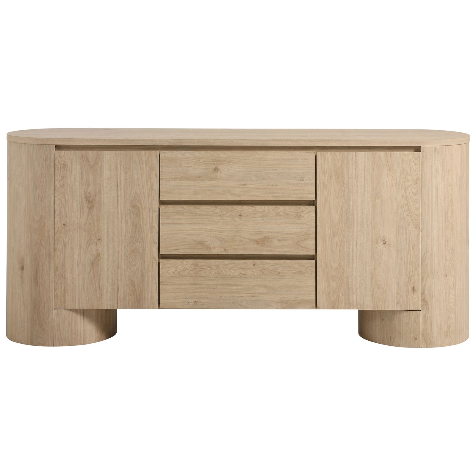 Duval sideboard featuring a three-drawer center flanked by soft-close cabinet doors in hickory finish || EEI-7050-HCK || front_studio