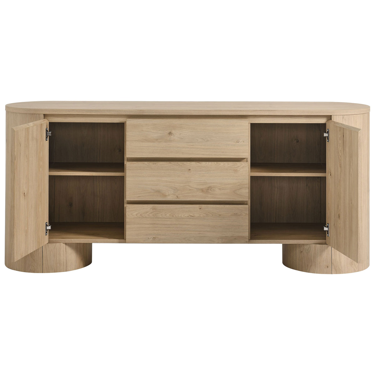 Duval sideboard with doors open revealing adjustable shelves and generous cabinet storage || EEI-7050-HCK || front_open_studio