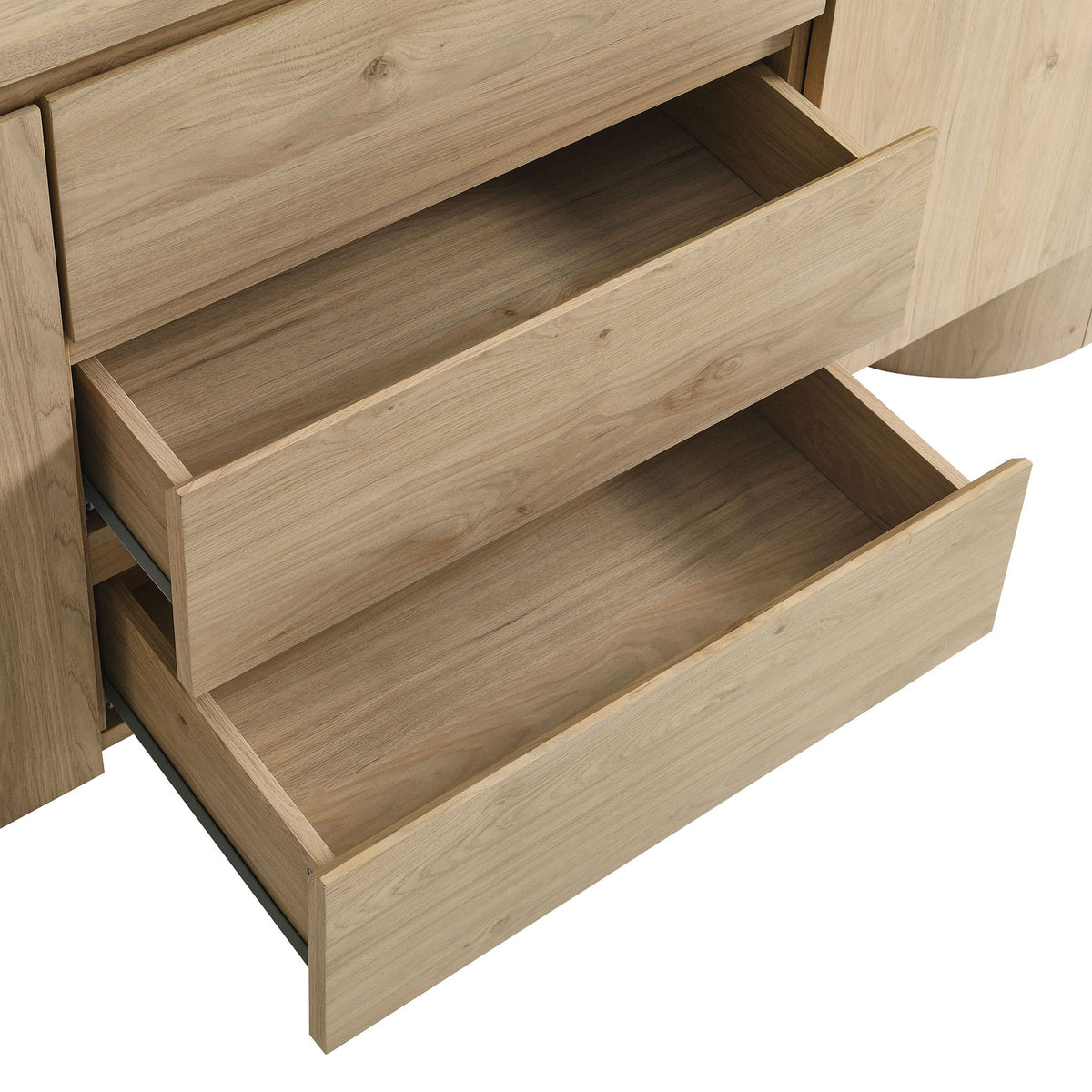 Full-extension drawers of the Duval sideboard pulled out to show deep, easy-access storage space || EEI-7050-HCK || storage_open_studio