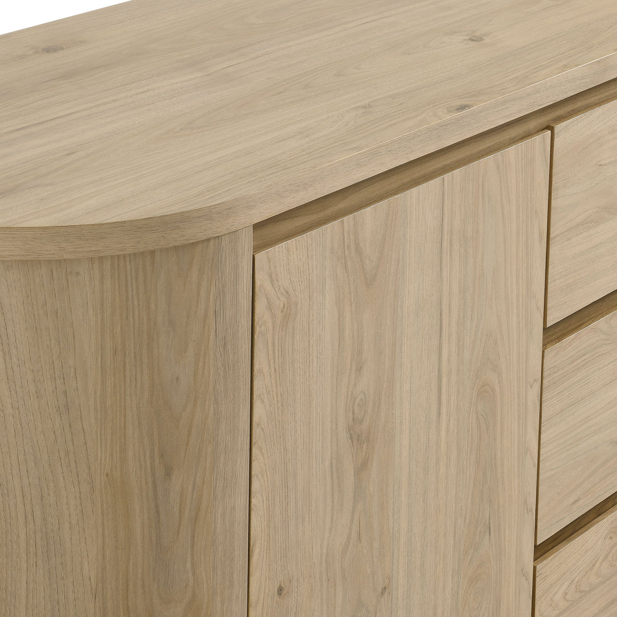 Rounded top edge and seamless door design of the Duval sideboard highlighting the wood grain || EEI-7050-HCK || detail_studio