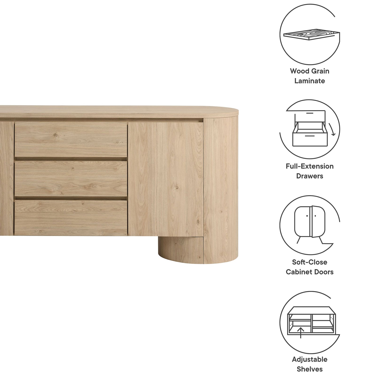 Feature graphic for the Duval sideboard emphasizing wood grain laminate, full-extension drawers, and soft-close doors || EEI-7050-HCK || callout_studio