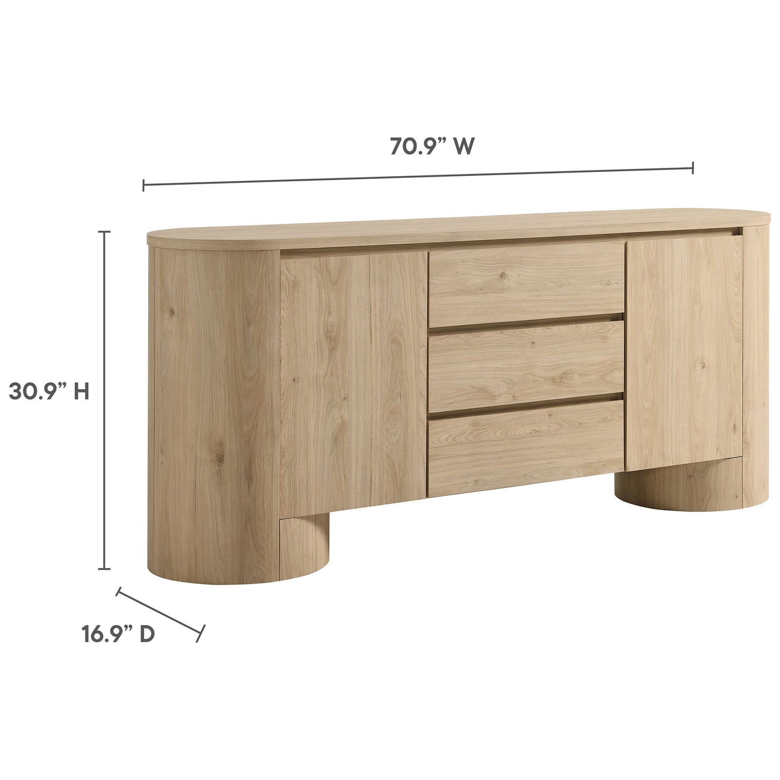 Dimension graphic for the Duval sideboard showing 70.9 inch width, 16.9 inch depth, and 30.9 inch height || EEI-7050-HCK || dimension_studio