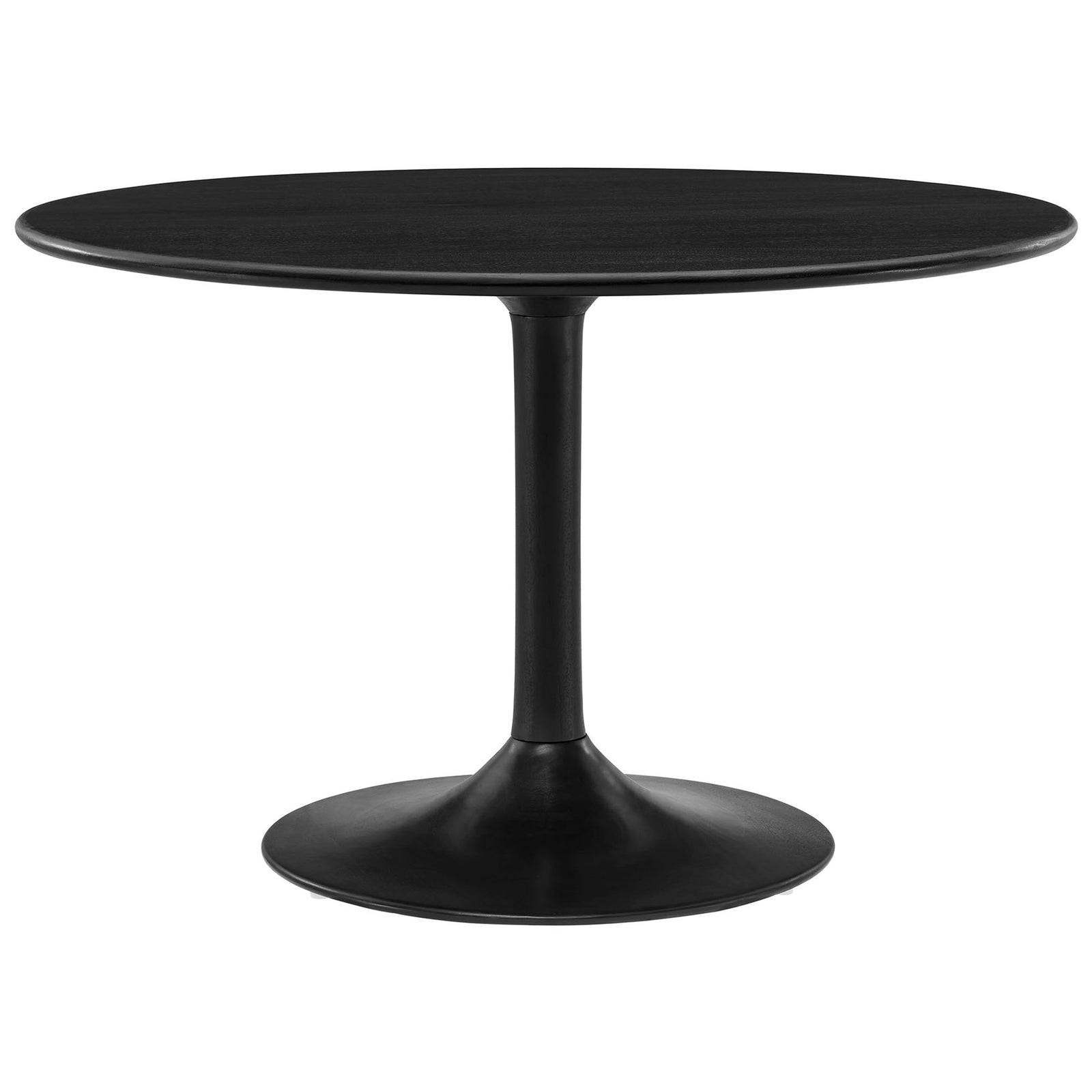 Black round pedestal dining table with smooth solid wood top and tulip style base || EEI-7051-BLK || front_studio