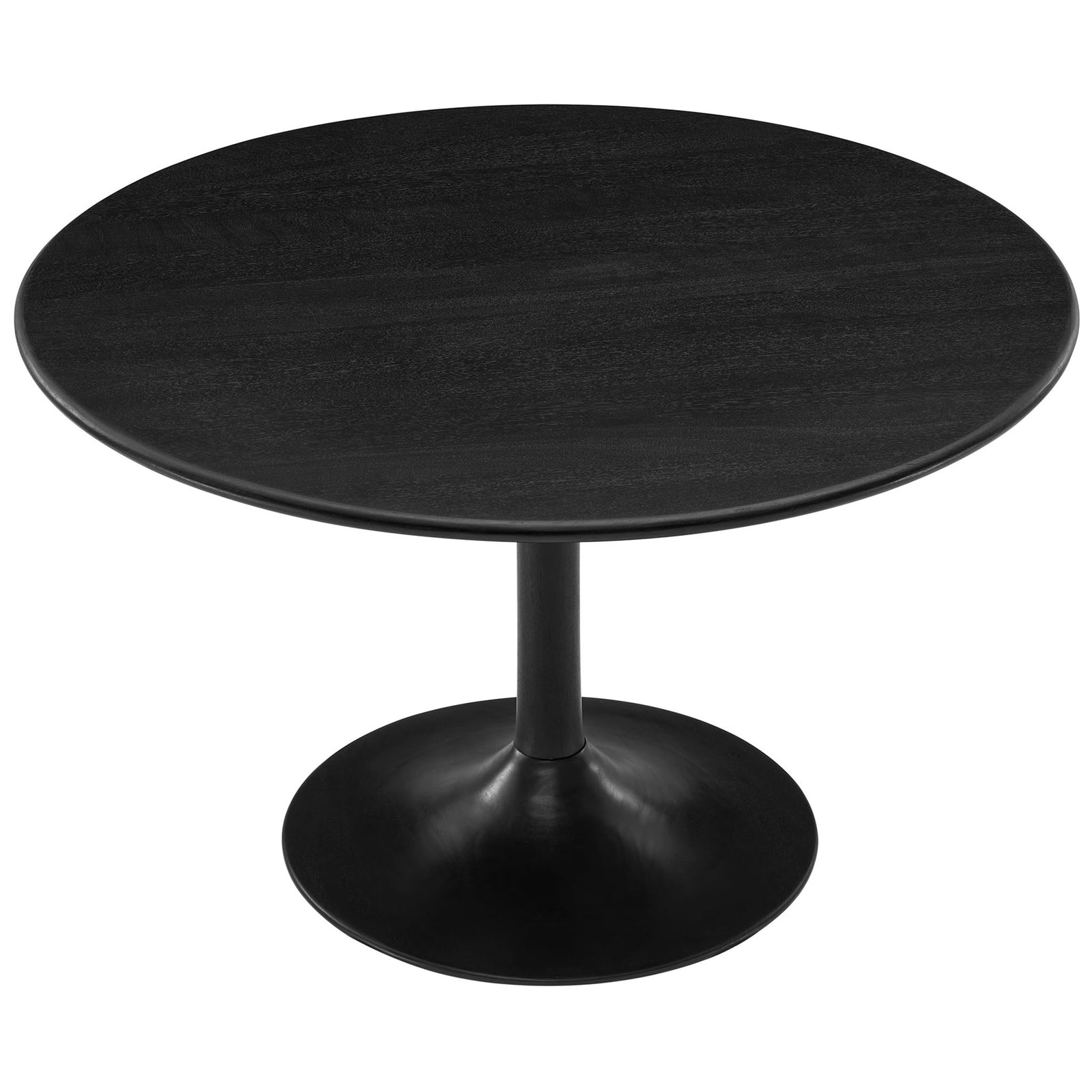 Spacious 48 inch round black wood tabletop on a sleek single pedestal base || EEI-7051-BLK || top_angle_studio