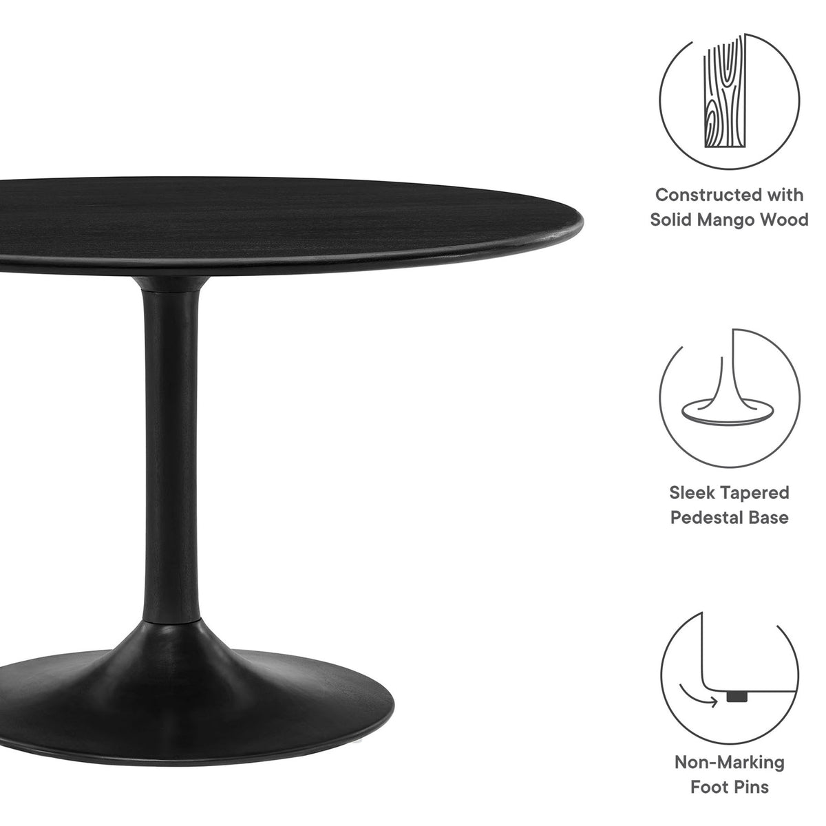 Feature highlights for the black round dining table in solid mango wood with non marking foot pins || EEI-7051-BLK || callout_studio