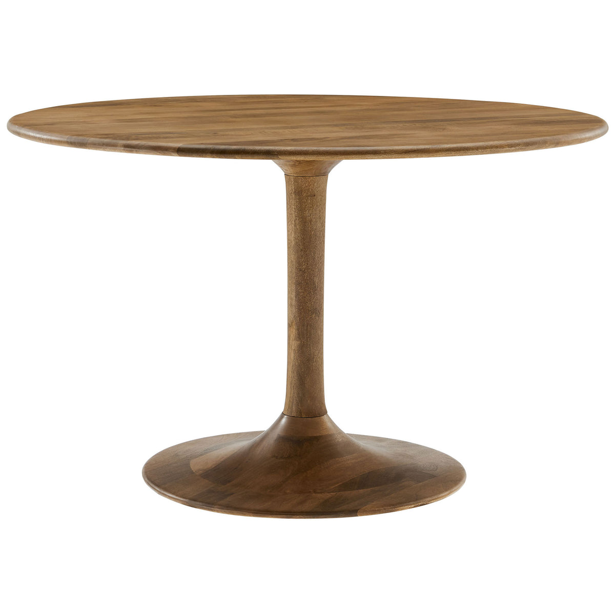 Natural wood round pedestal dining table with smooth tulip base and spacious 48 inch top || EEI-7051-NAT || front_studio