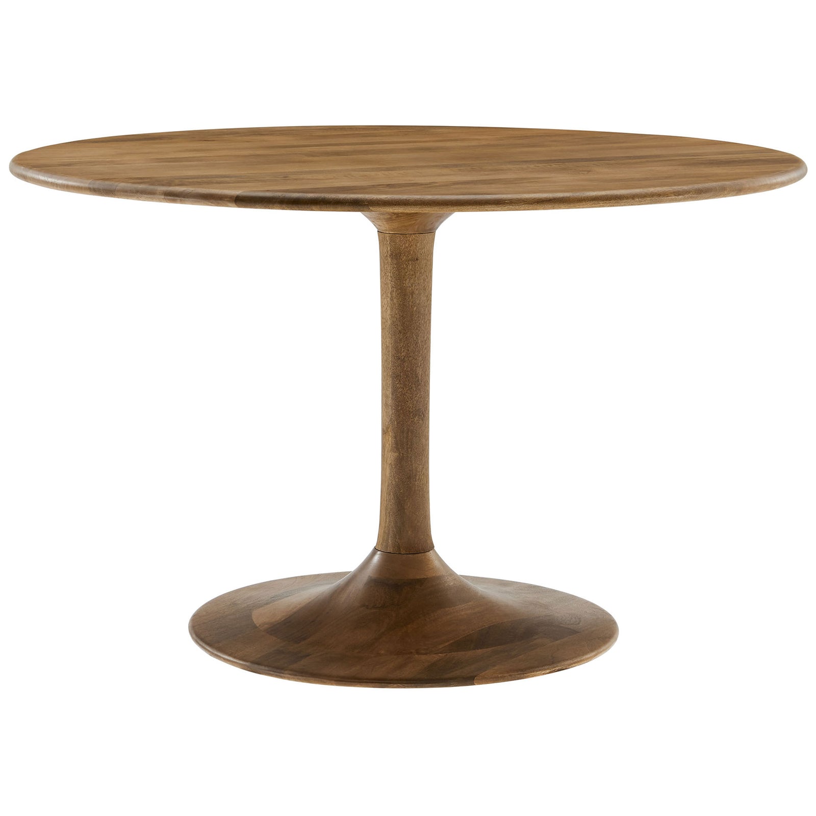 Natural wood round pedestal dining table with smooth tulip base and spacious 48 inch top || EEI-7051-NAT || front_studio