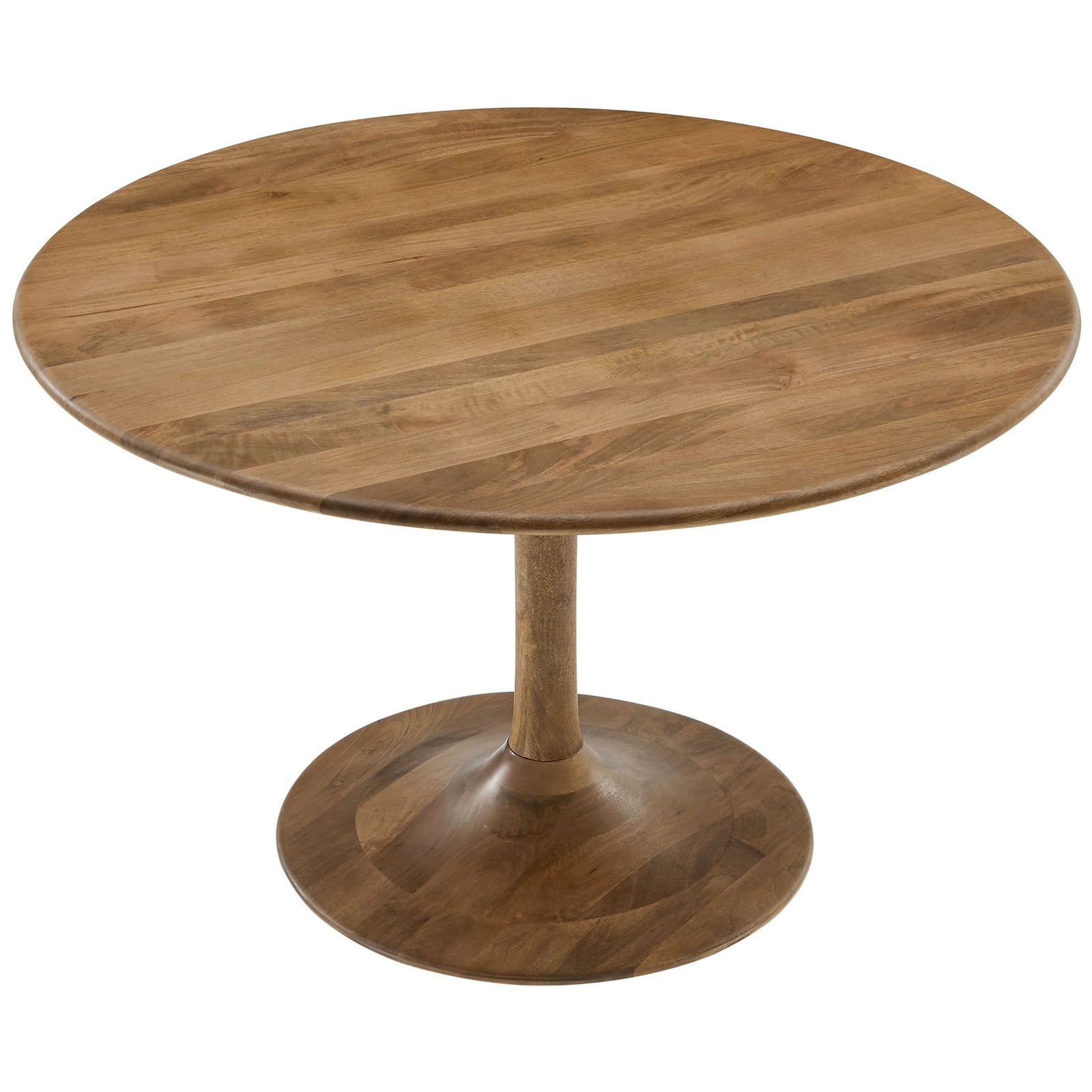 Natural mango wood round dining table showcasing rich grain patterns and smooth finish across the tabletop || EEI-7051-NAT || top_angle_studio