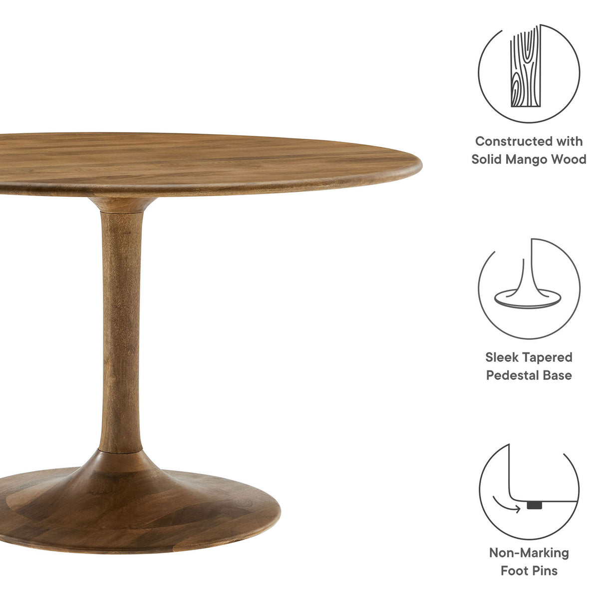 Feature callouts for solid mango wood round dining table with tapered pedestal base and floor friendly glides || EEI-7051-NAT || callout_studio
