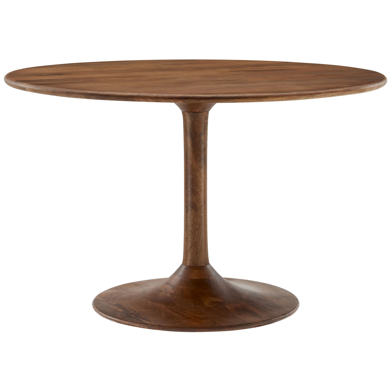 Round walnut pedestal dining table with smooth solid mango wood top and tulip-style base. || EEI-7051-WAL || front_studio