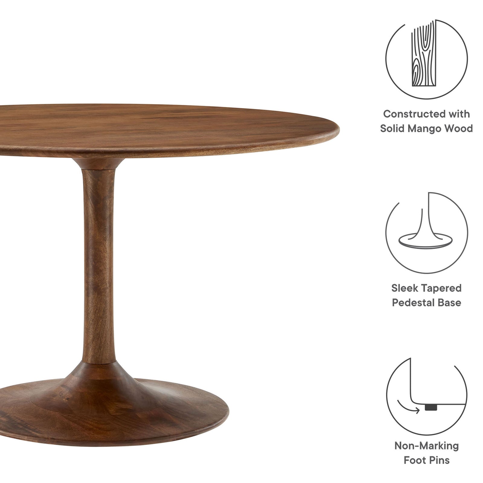 Walnut pedestal dining table with icons highlighting solid mango wood, sleek base, and non-marking foot pins. || EEI-7051-WAL || callout_studio