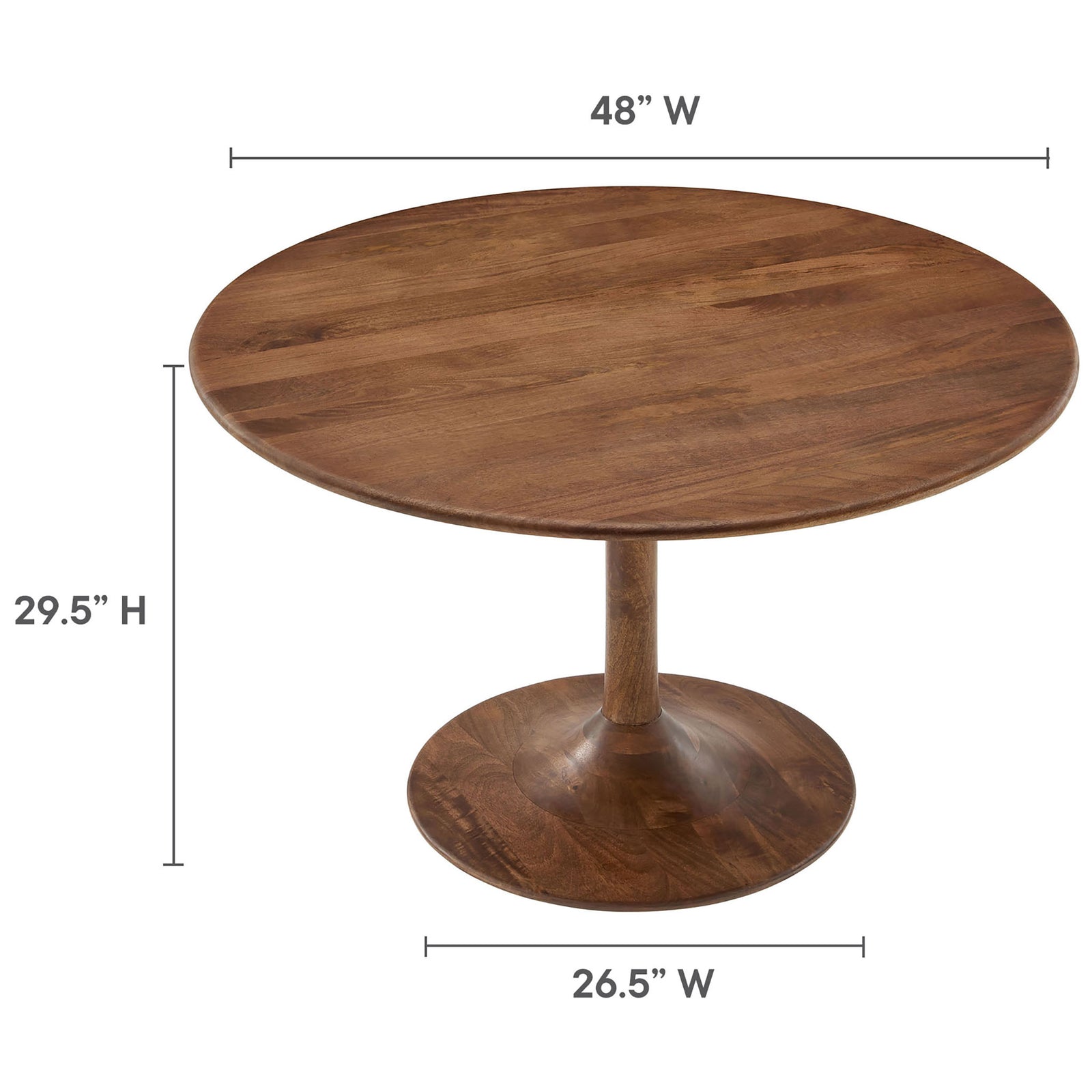 Dimensions of the walnut pedestal dining table with 48-inch round top and 29.5-inch height. || EEI-7051-WAL || dimension_studio