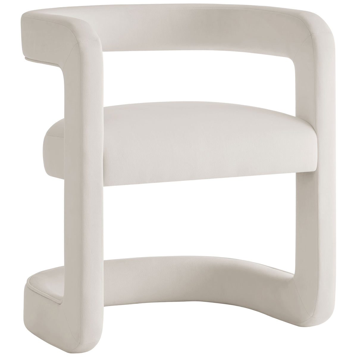 Curved barrel dining chair in alabaster performance velvet with plush, supportive seat. || EEI-7052-ALA || front_angle_studio