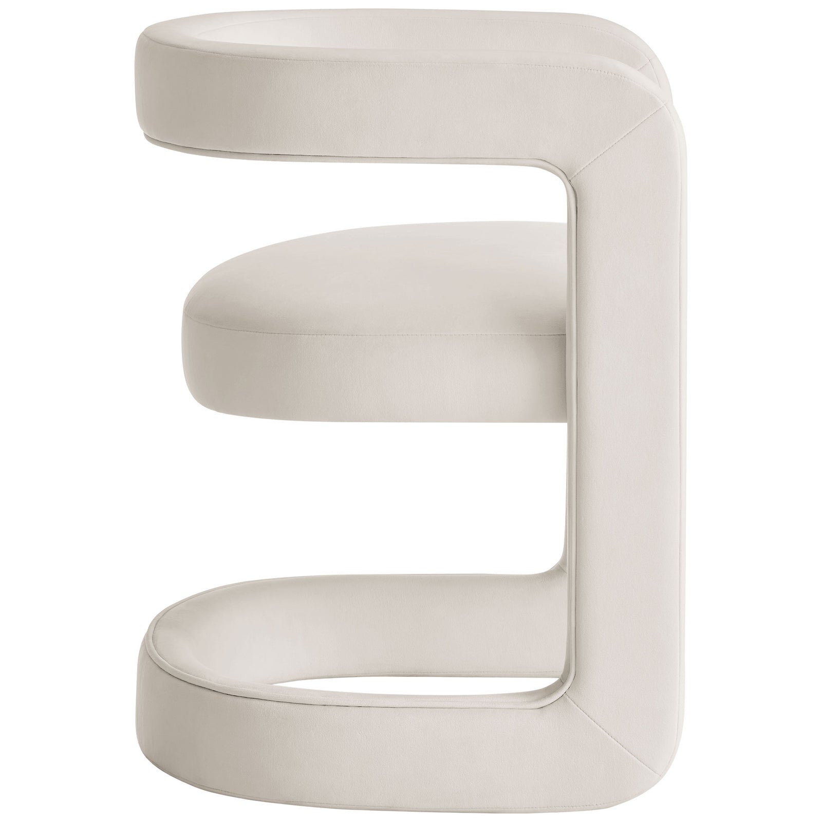 Sleek continuous frame dining chair in alabaster velvet with wraparound arms and slim profile. || EEI-7052-ALA || side_studio