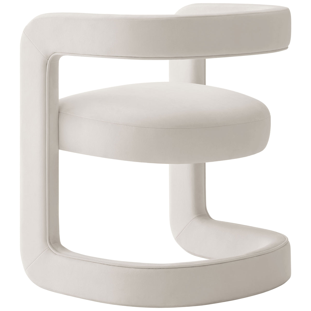 Modern open back barrel chair in alabaster velvet with smooth curves and a sculptural base. || EEI-7052-ALA || back_angle_studio