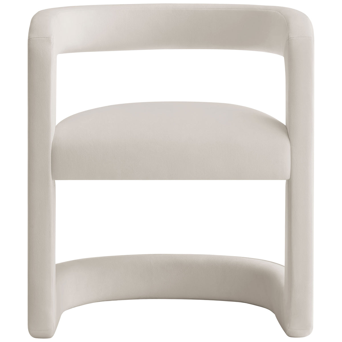 Alabaster velvet barrel dining chair with open back and sculptural base for modern dining spaces. || EEI-7052-ALA || front_studio