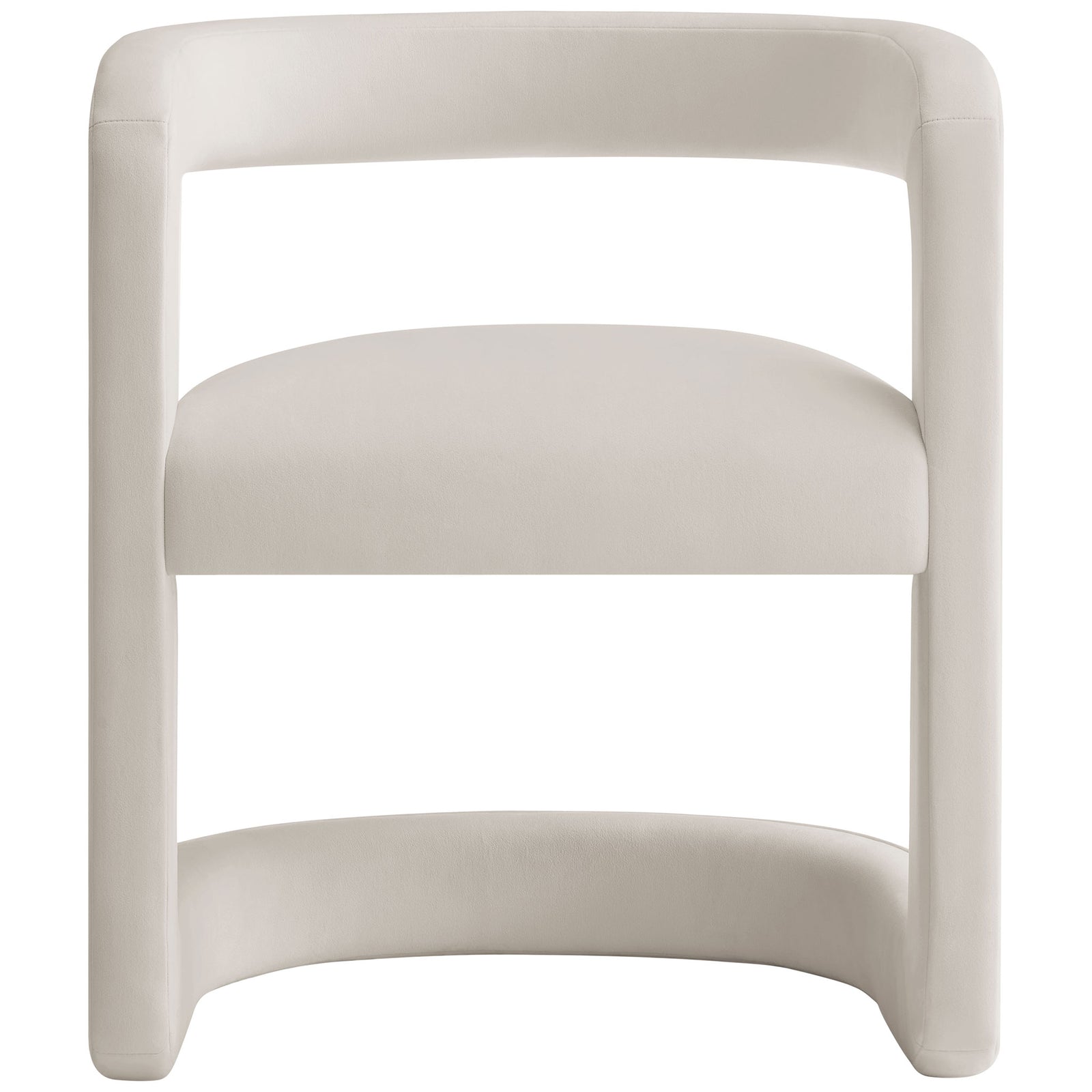 Alabaster velvet barrel dining chair with open back and sculptural base for modern dining spaces. || EEI-7052-ALA || front_studio