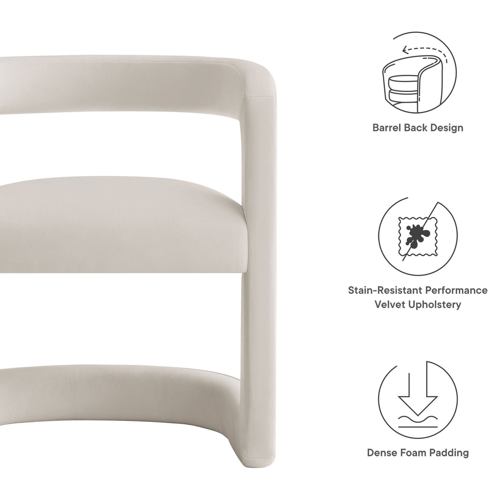 Alabaster velvet barrel dining chair highlighting stain resistant upholstery and dense foam padding. || EEI-7052-ALA || callout_studio