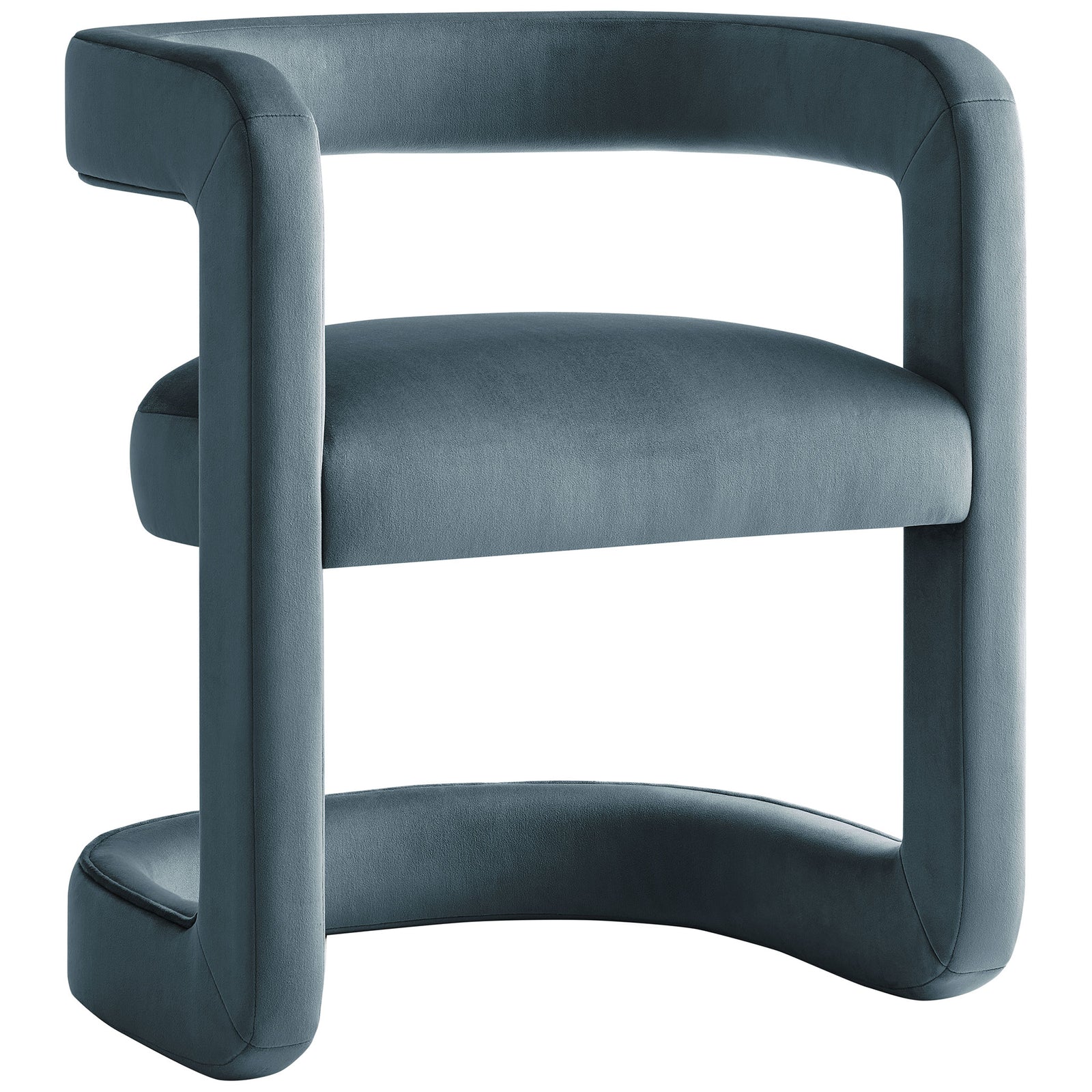 Modern cadet blue velvet barrel chair with plush foam seat and smooth, fully upholstered frame || EEI-7052-CAB || front_angle_studio