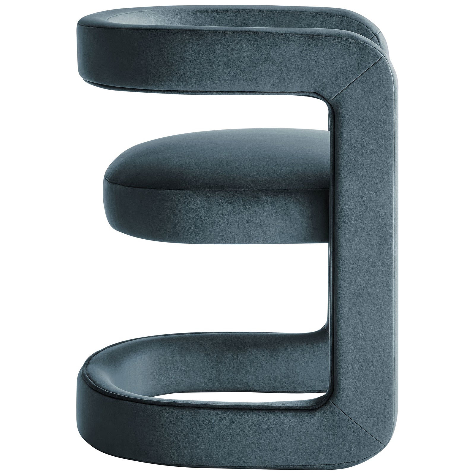 Cadet blue velvet barrel dining chair showcasing its slim side profile and cushioned floating seat || EEI-7052-CAB || side_studio
