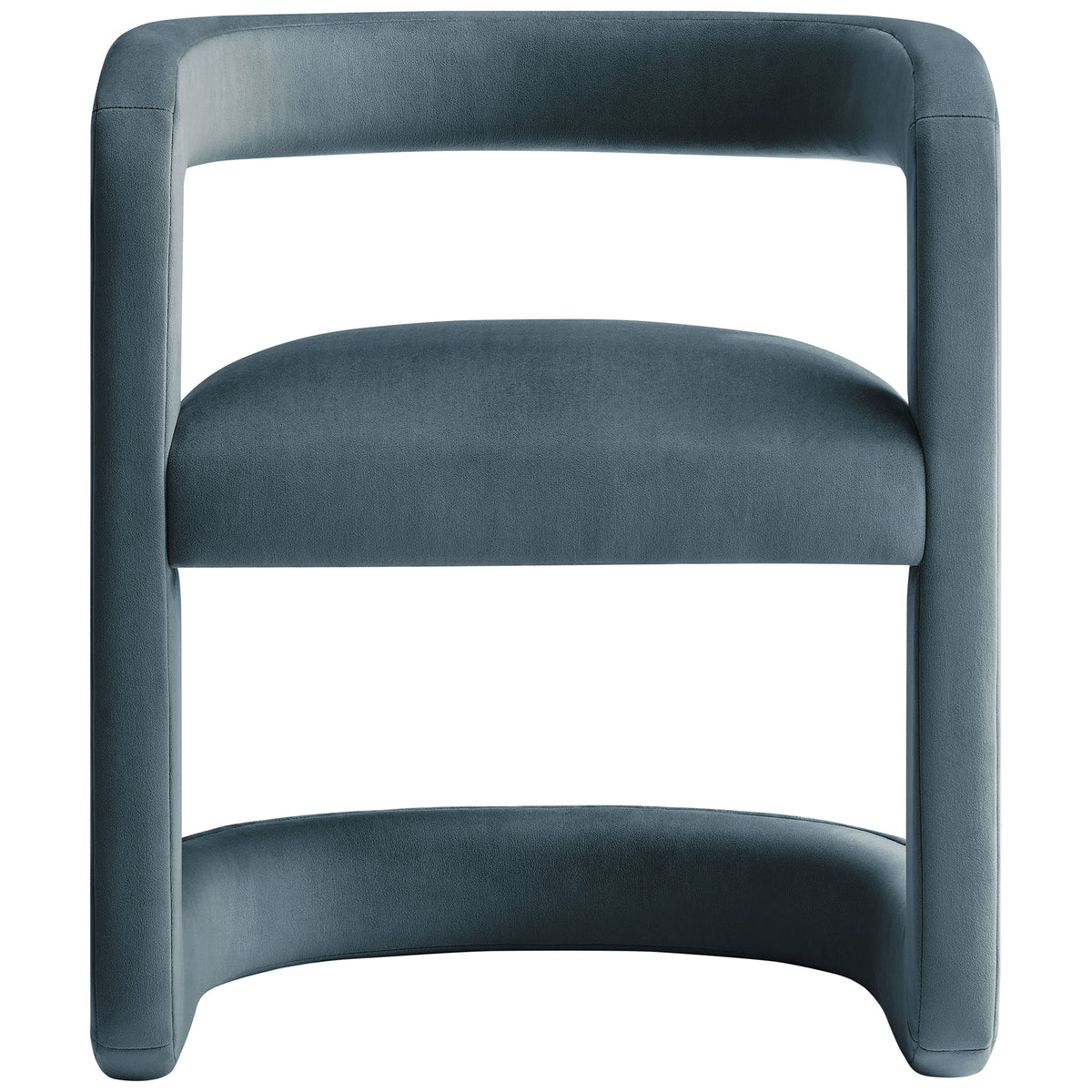 Cadet blue velvet barrel dining chair with open backrest and sculptural wraparound base || EEI-7052-CAB || front_studio