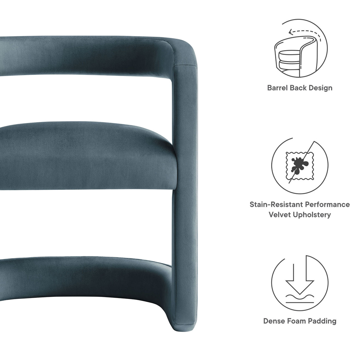 Winslow barrel dining chair with icons highlighting barrel back design, stain-resistant velvet, and dense foam padding || EEI-7052-CAB || callout_studio