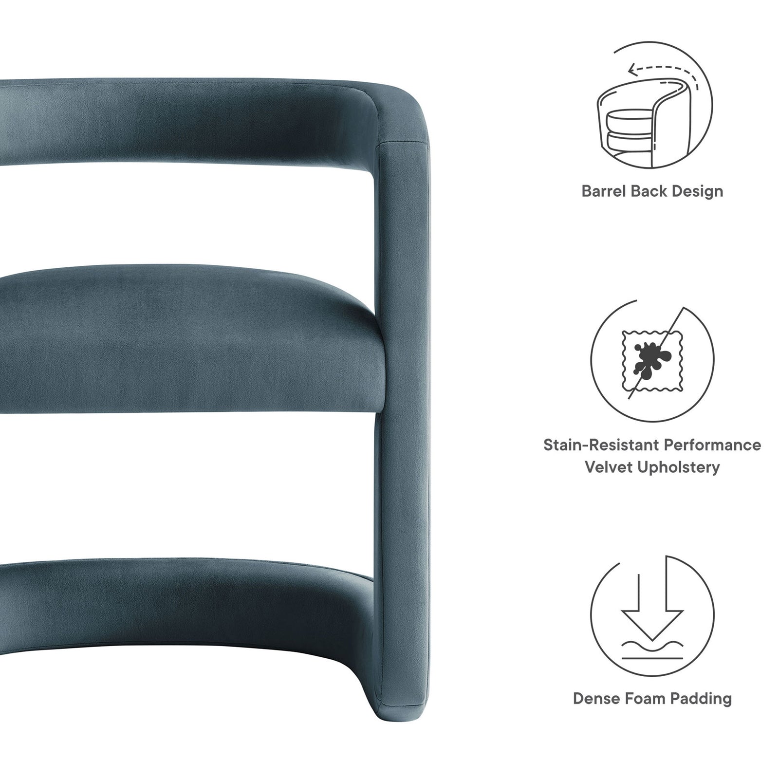 Winslow barrel dining chair with icons highlighting barrel back design, stain-resistant velvet, and dense foam padding || EEI-7052-CAB || callout_studio