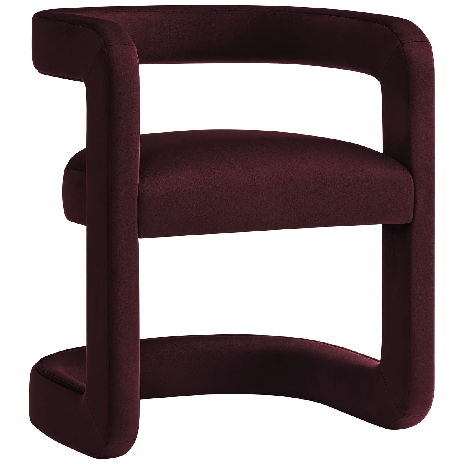 Curved barrel back Winslow dining chair in mulberry velvet brings inviting comfort and bold modern style. || EEI-7052-MUL || front_angle_studio