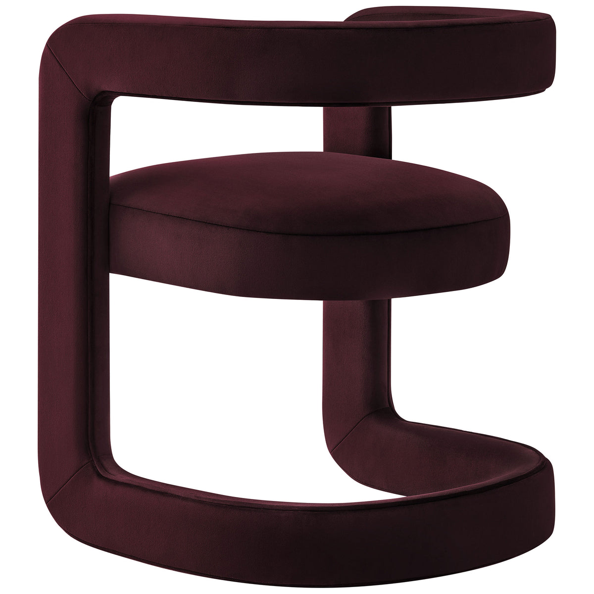 Winslow barrel chair in deep mulberry velvet highlights the airy open back and continuous wraparound base. || EEI-7052-MUL || back_angle_studio