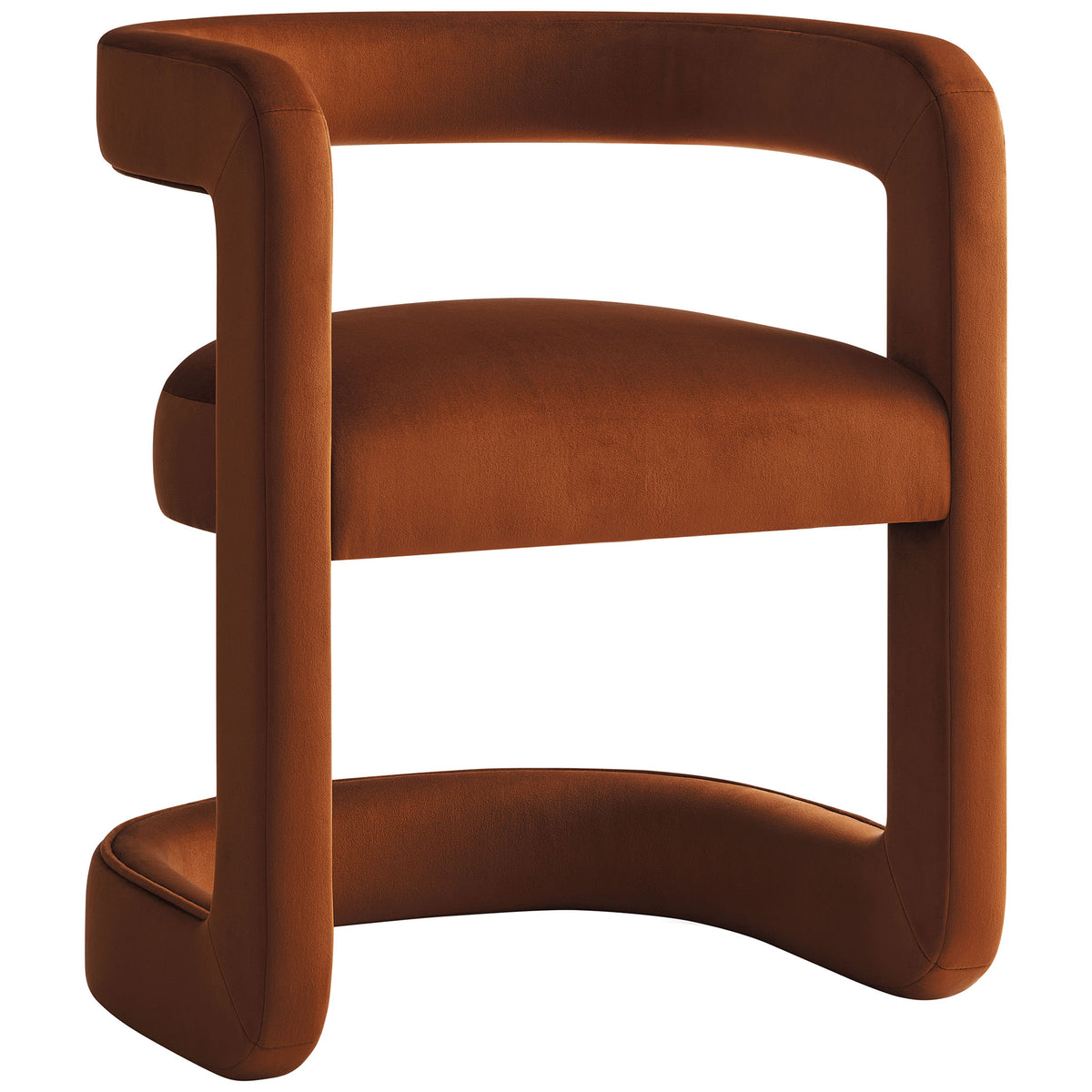 Rust velvet barrel dining chair with open backrest and sculpted base for a modern, inviting look || EEI-7052-RUS || front_angle_studio