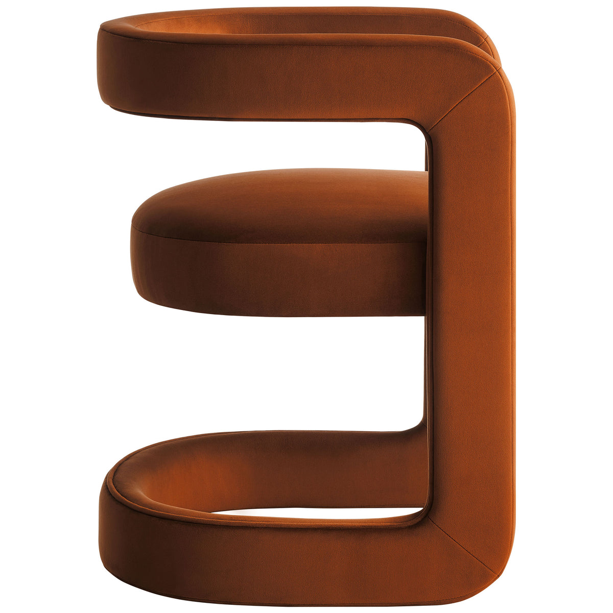 Sleek rust velvet barrel chair with continuous loop base and plush seat cushion for modern comfort || EEI-7052-RUS || side_studio