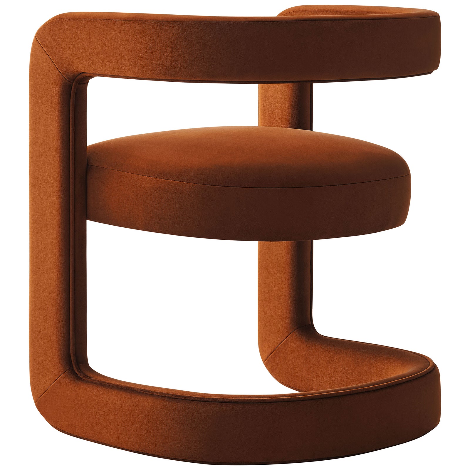 Modern sculptural barrel frame in rust velvet with smooth curves wrapping around the cushioned seat || EEI-7052-RUS || back_angle_studio