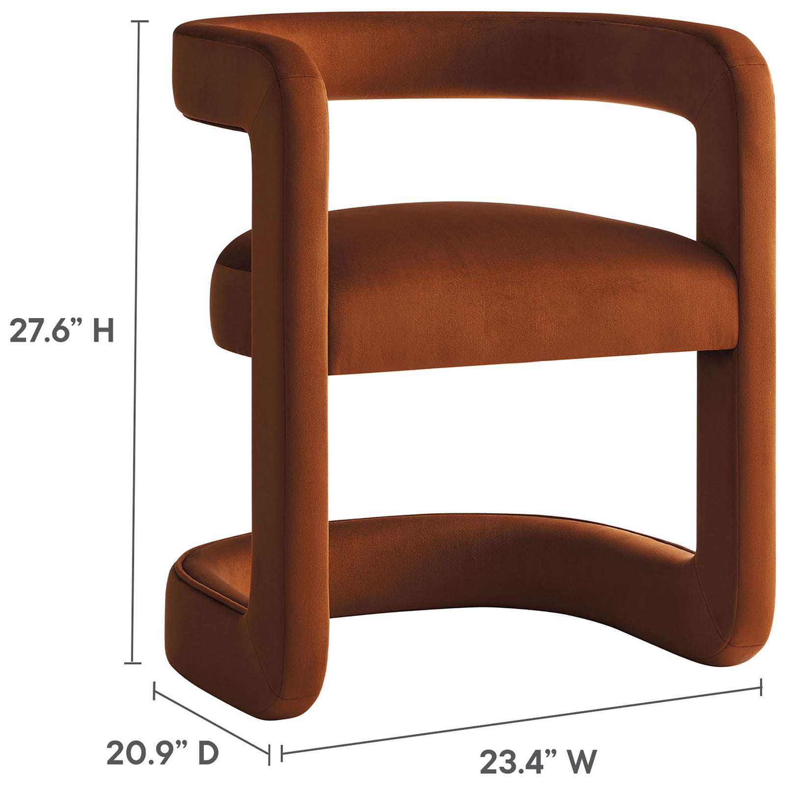 Rust velvet barrel dining chair with height, width, and depth measurements for easy room planning || EEI-7052-RUS || dimension_studio