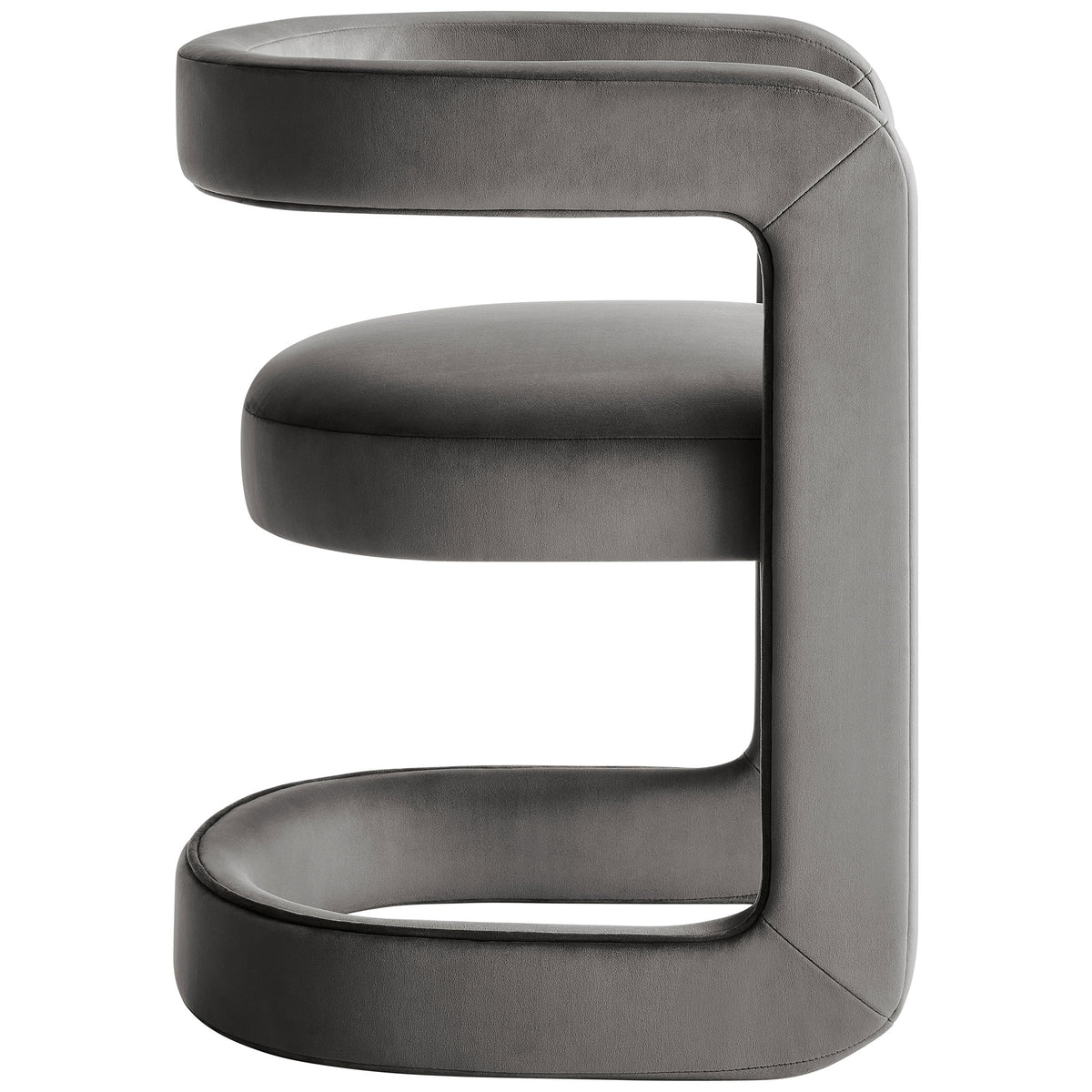 Slim storm gray velvet barrel chair with continuous cushioned frame and open center silhouette. || EEI-7052-STG || side_studio