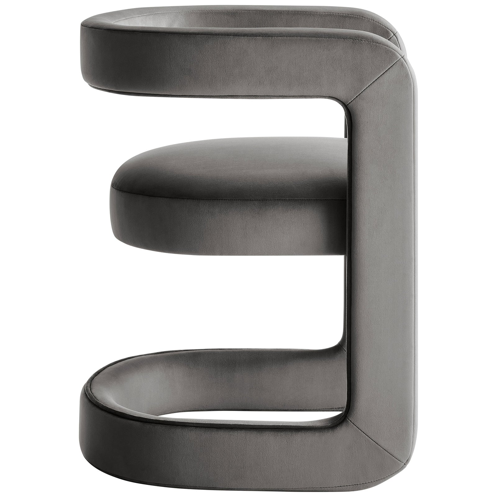 Slim storm gray velvet barrel chair with continuous cushioned frame and open center silhouette. || EEI-7052-STG || side_studio