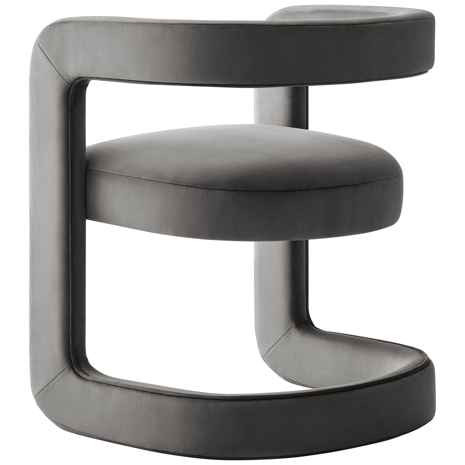 Storm gray velvet barrel dining chair featuring sculpted back rail and seamless upholstered curves. || EEI-7052-STG || back_angle_studio