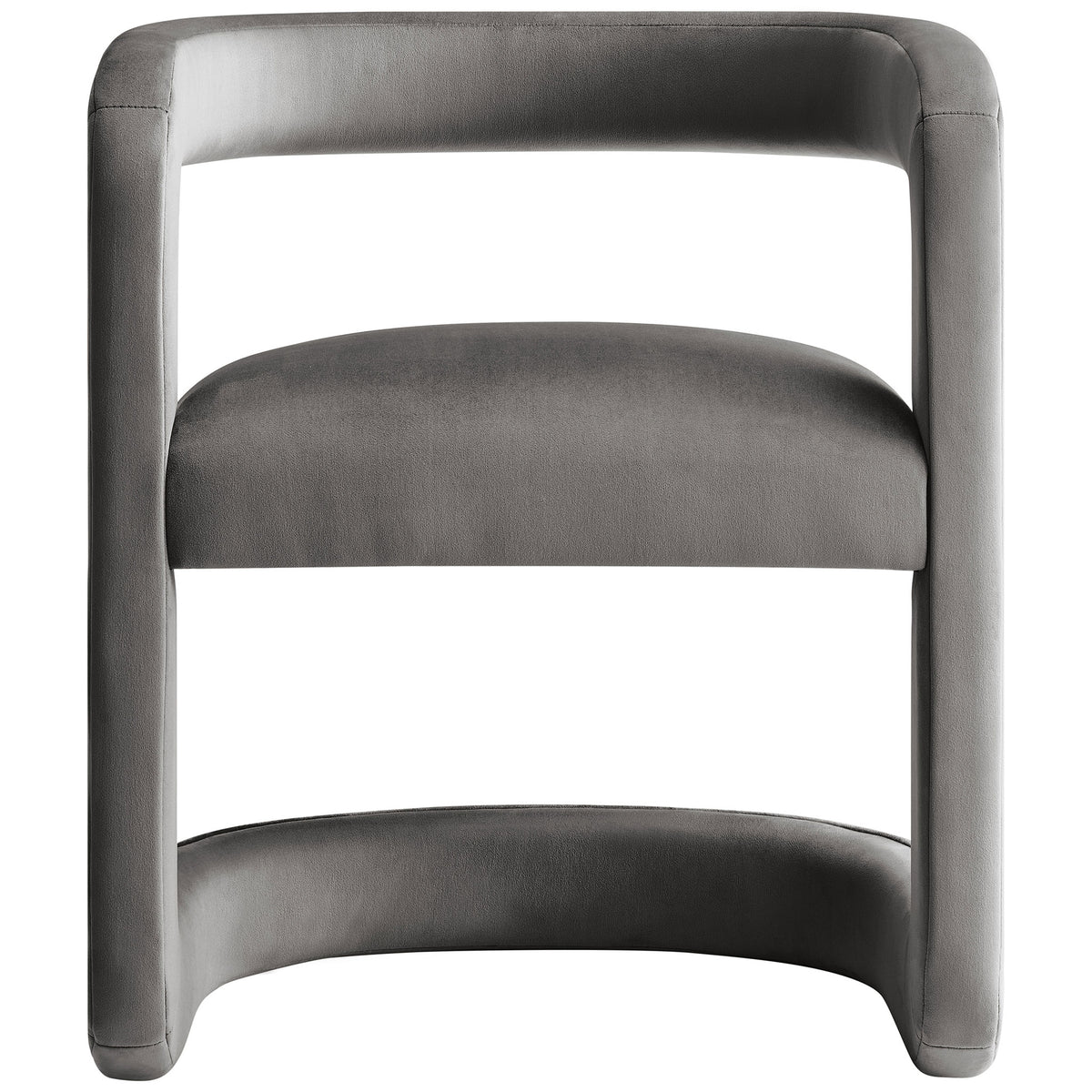 Modern storm gray velvet barrel dining chair with open back and sculpted wraparound base. || EEI-7052-STG || front_studio