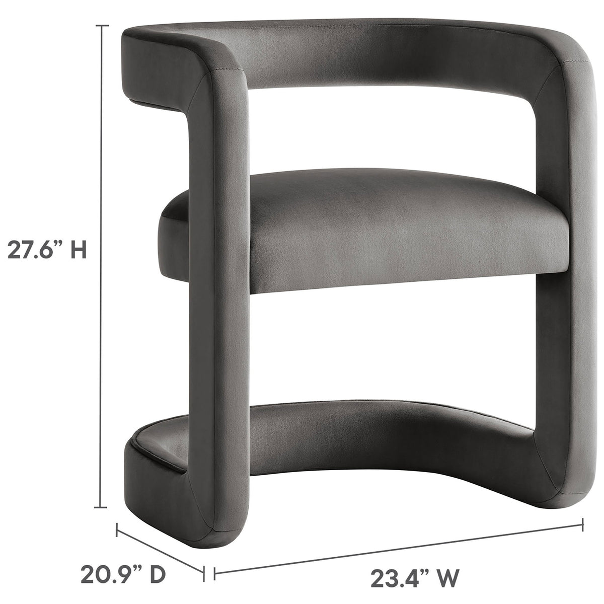 Dimensions of the storm gray barrel dining chair with height, width, and depth measurements. || EEI-7052-STG || dimension_studio
