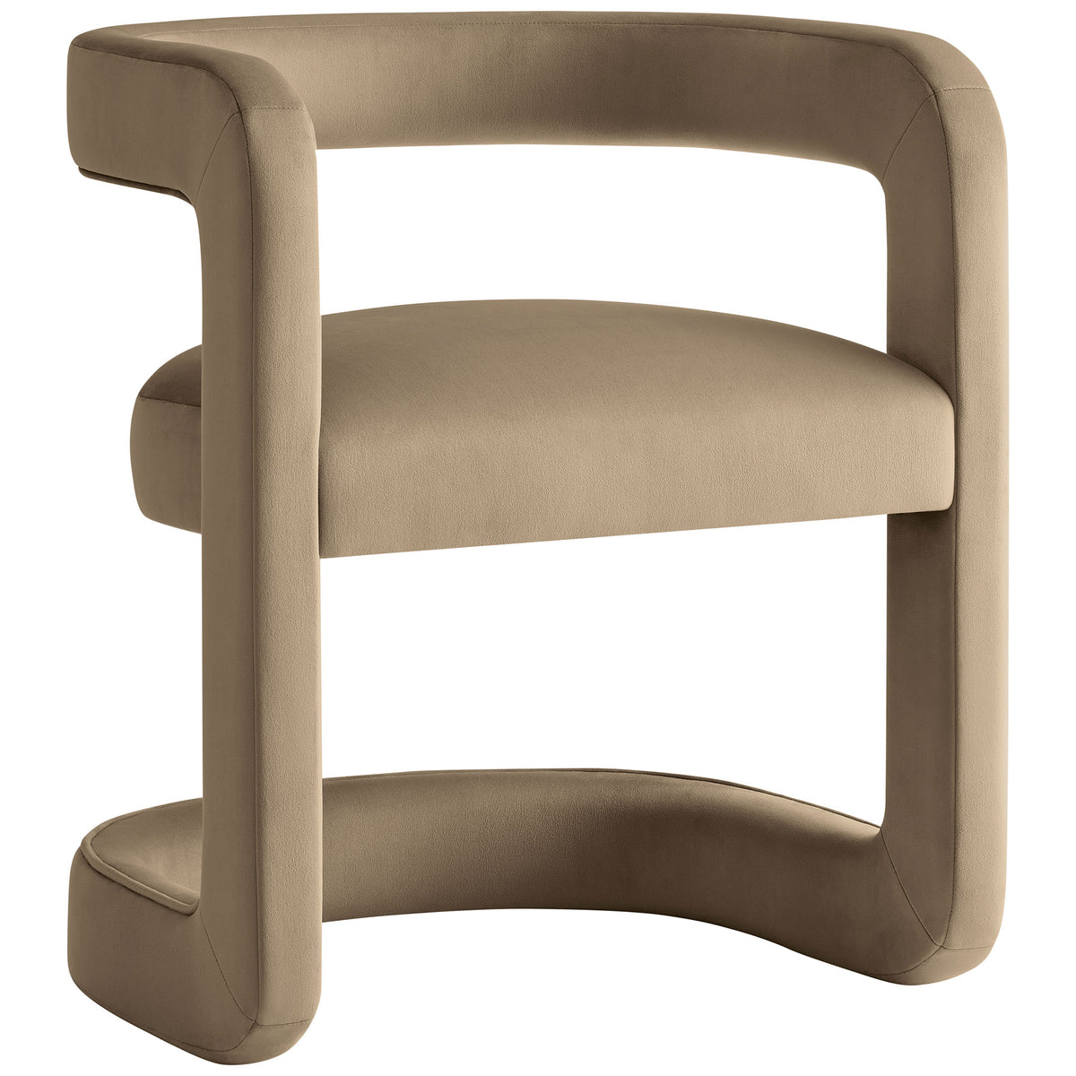 Taupe velvet barrel dining chair with open backrest and sculptural wraparound base. || EEI-7052-TAU || front_angle_studio