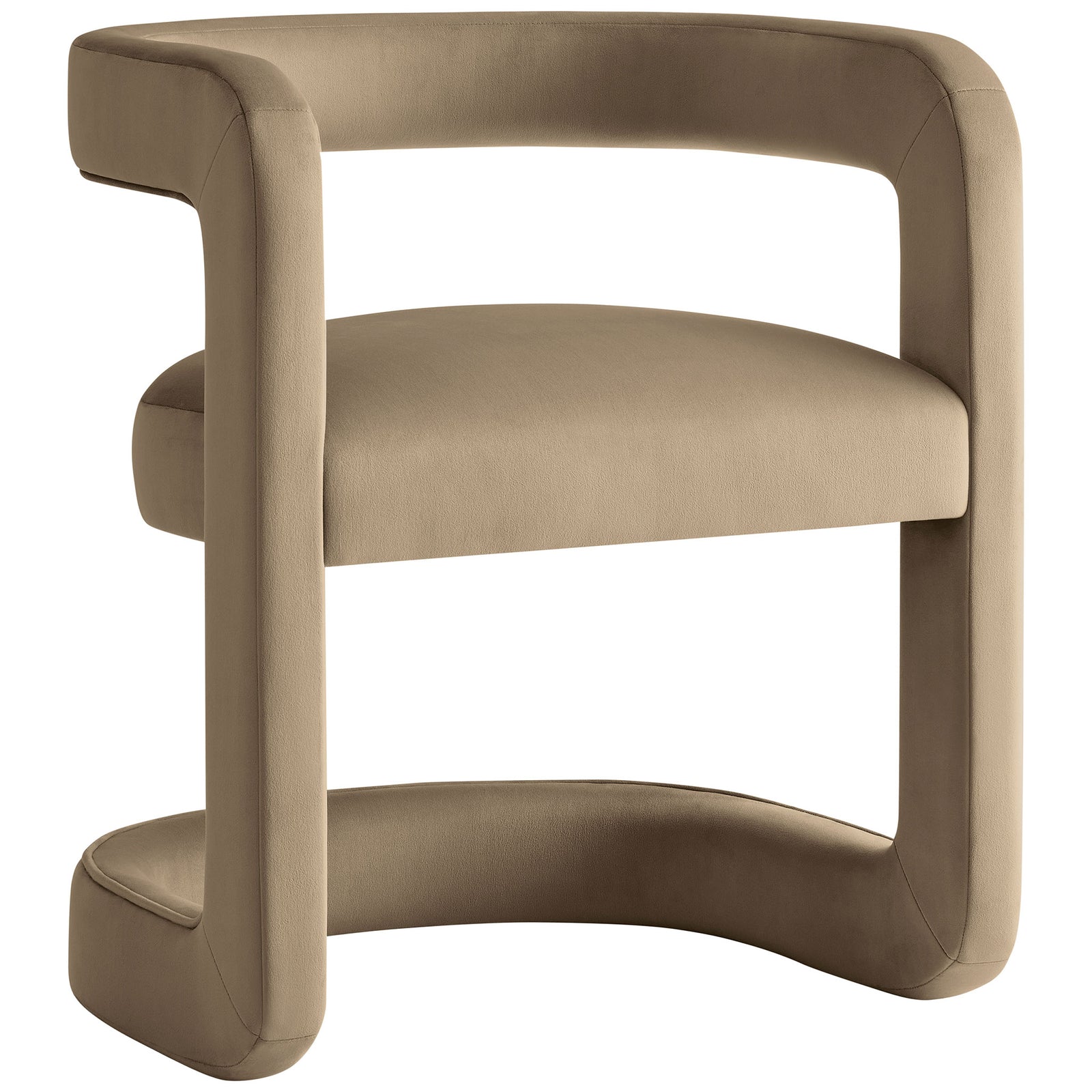 Taupe velvet barrel dining chair with open backrest and sculptural wraparound base. || EEI-7052-TAU || front_angle_studio
