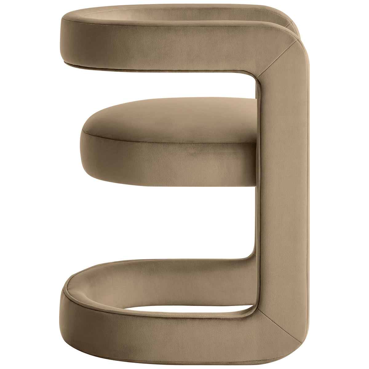 Side profile of taupe performance velvet barrel dining chair showing cushioned seat and base. || EEI-7052-TAU || side_studio