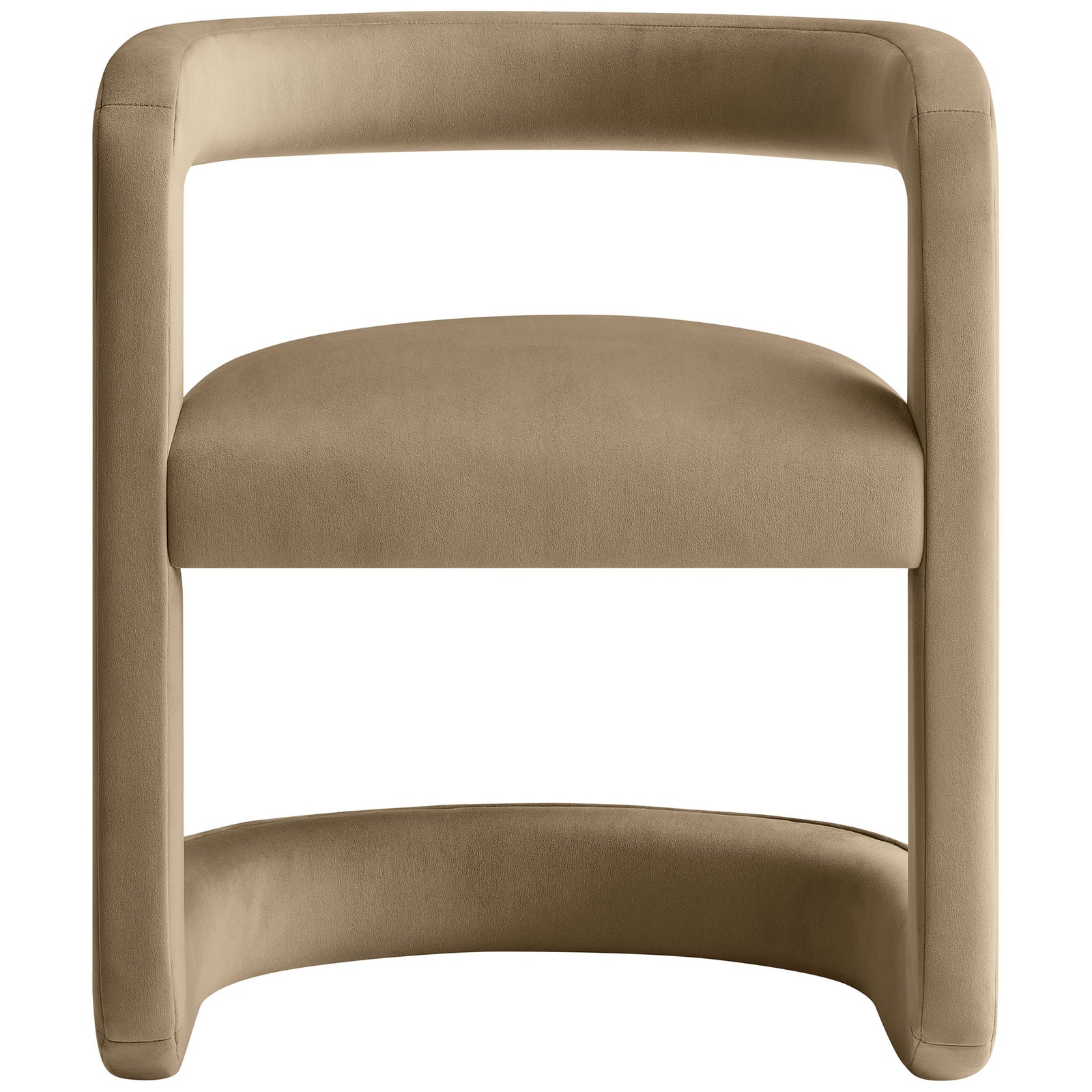 Front view of taupe velvet barrel dining chair with thick cushioned seat and slim open back. || EEI-7052-TAU || front_studio
