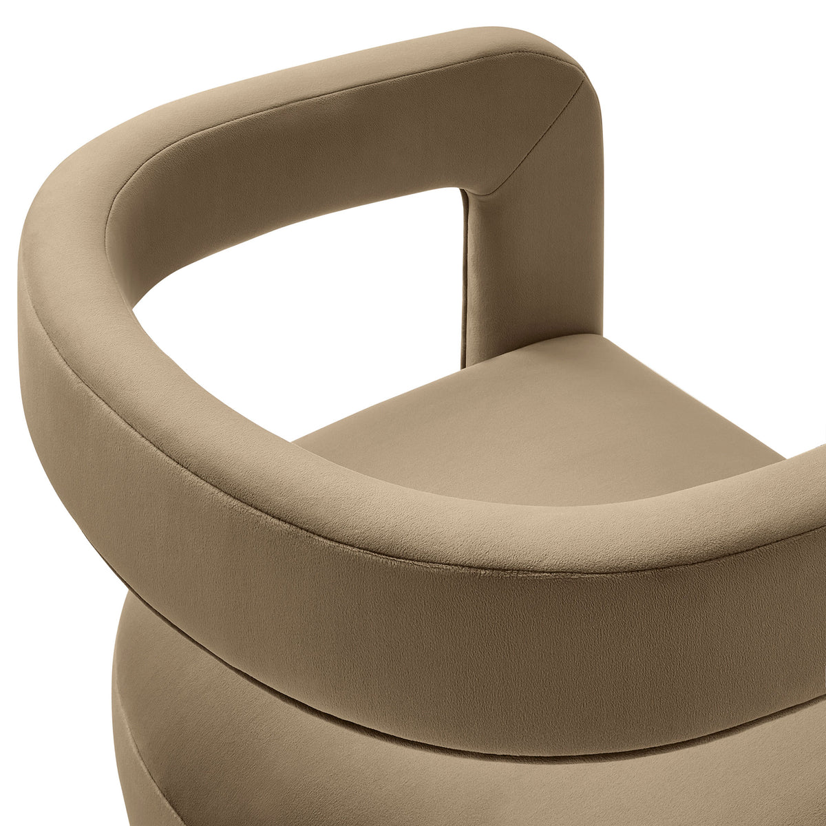 Close-up of curved barrel backrest wrapped in smooth taupe performance velvet upholstery. || EEI-7052-TAU || detail_studio