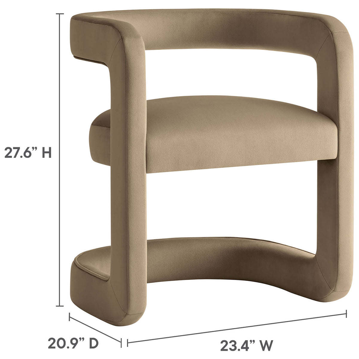 Dimension graphic of taupe barrel dining chair with labeled height, width, and depth measurements. || EEI-7052-TAU || dimension_studio
