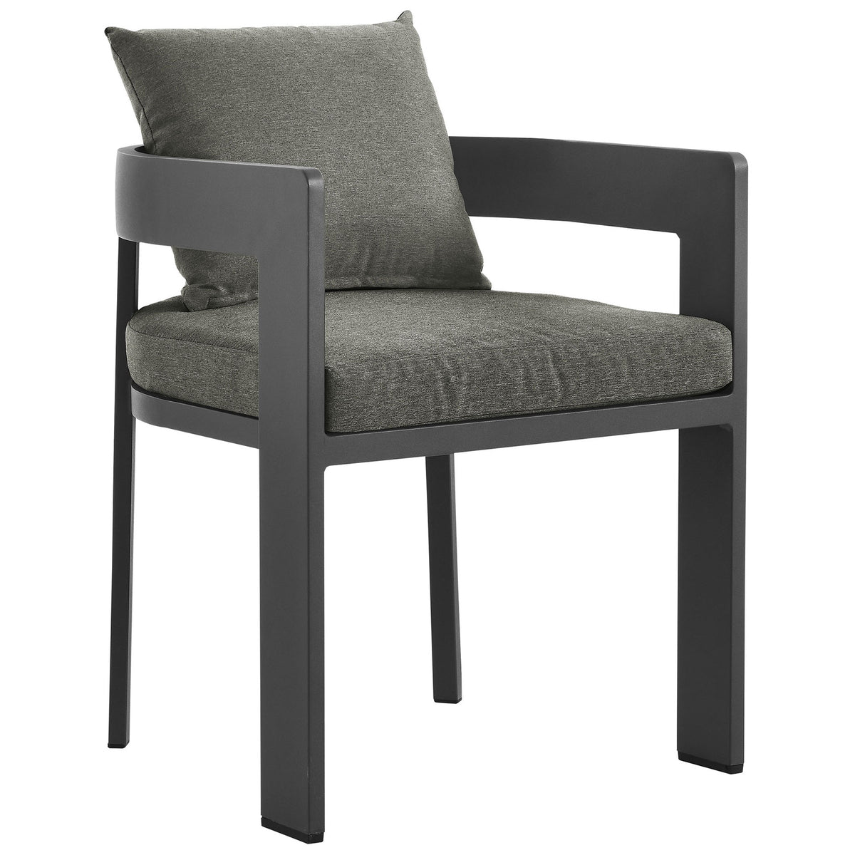 Contemporary outdoor dining chair with sleek charcoal aluminum frame and tailored dark gray cushions || EEI-7053-GRY-CHA || front_angle_studio
